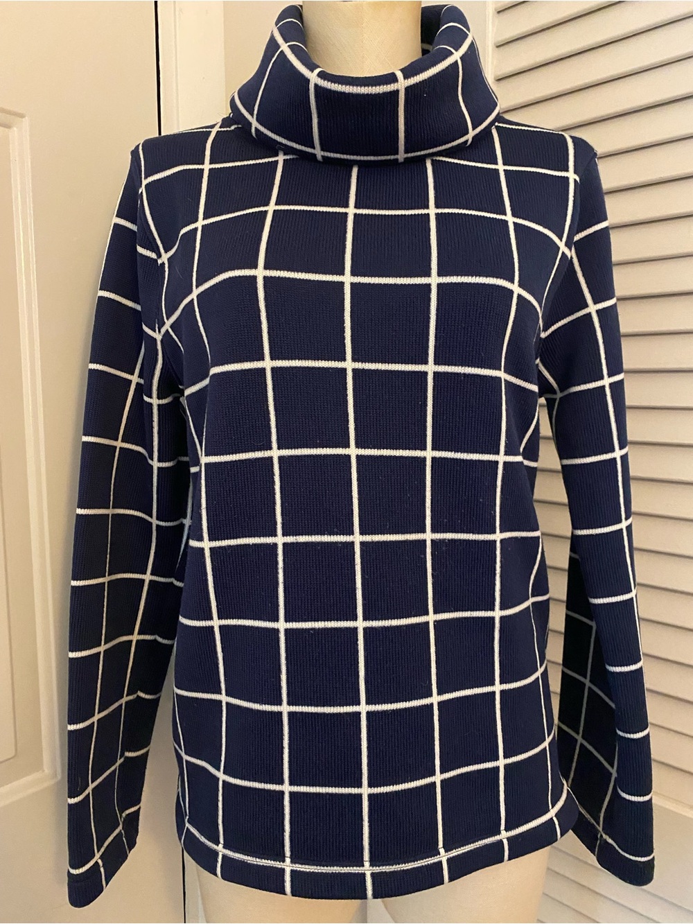 J. Crew Navy and White Grid Turtleneck Sweater- Size Large